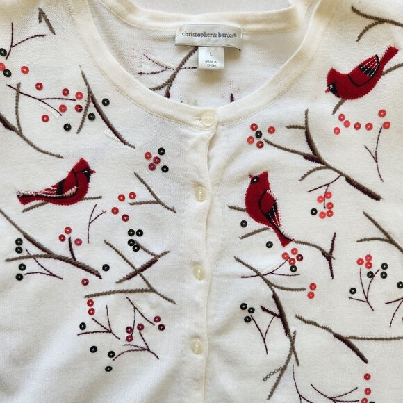 Embroidered Cardinal Sequins Cardigan Sweater Cream Red Grandma Winter Holiday - Picture 7 of 13